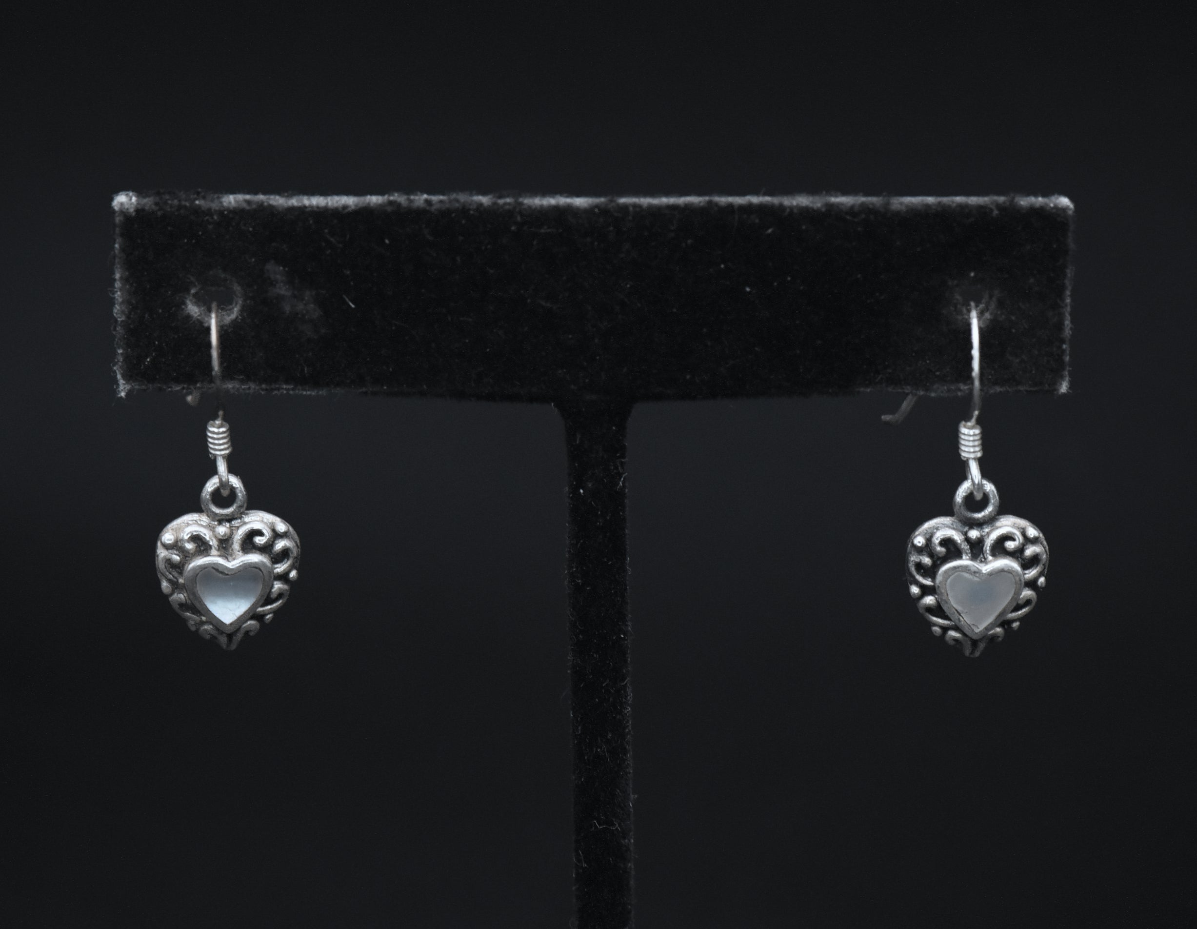 Vintage Mother of Pearl Heart Sterling Silver Dangle Earrings