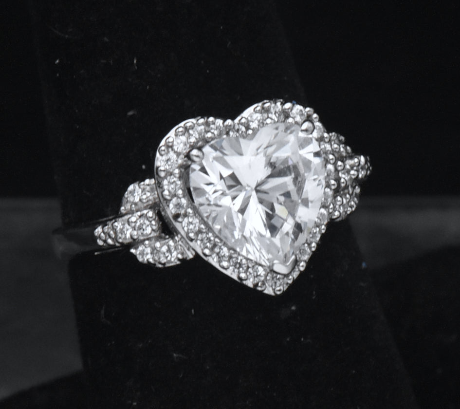 Sterling Silver Heart Cut Cubic Zirconia Halo Ring - Size 7