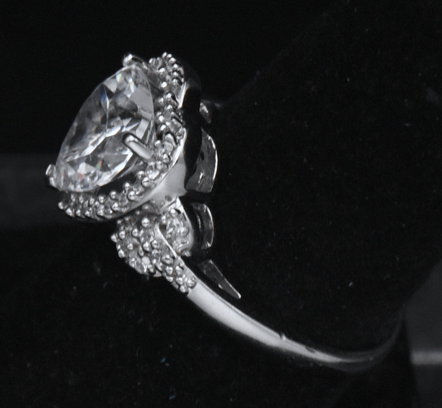 Sterling Silver Heart Cut Cubic Zirconia Halo Ring - Size 7