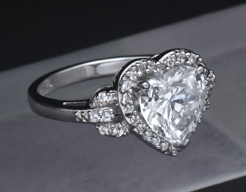 Sterling Silver Heart Cut Cubic Zirconia Halo Ring - Size 7