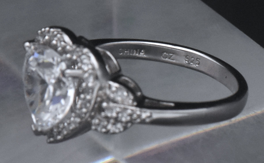 Sterling Silver Heart Cut Cubic Zirconia Halo Ring - Size 7