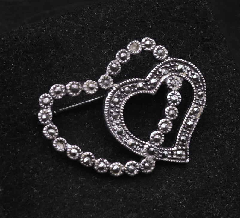 Vintage Sterling Silver and Marcasite Double Heart Brooch