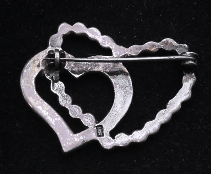 Vintage Sterling Silver and Marcasite Double Heart Brooch