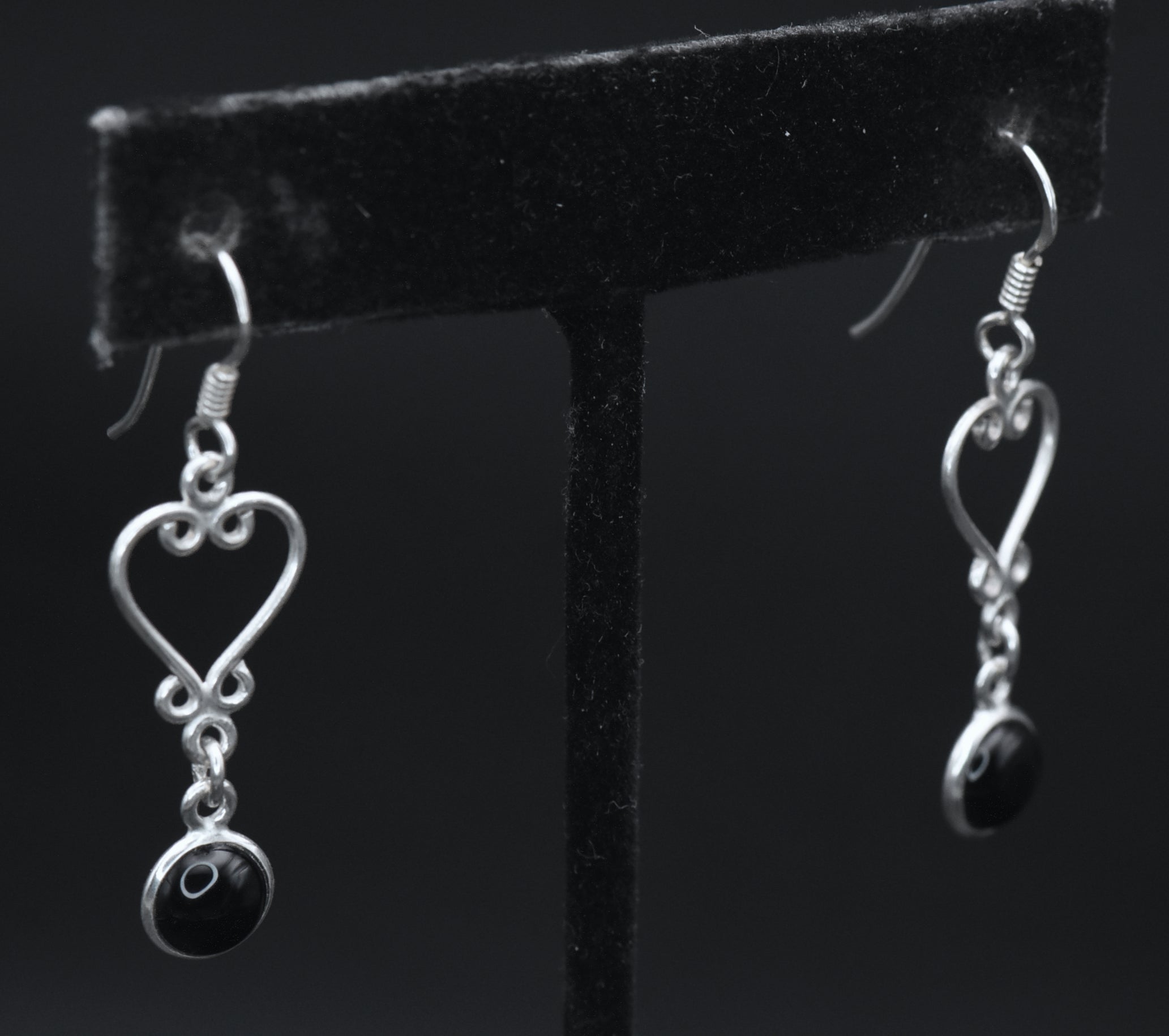 Vintage Sterling Silver Black Onyx Heart Dangle Earrings