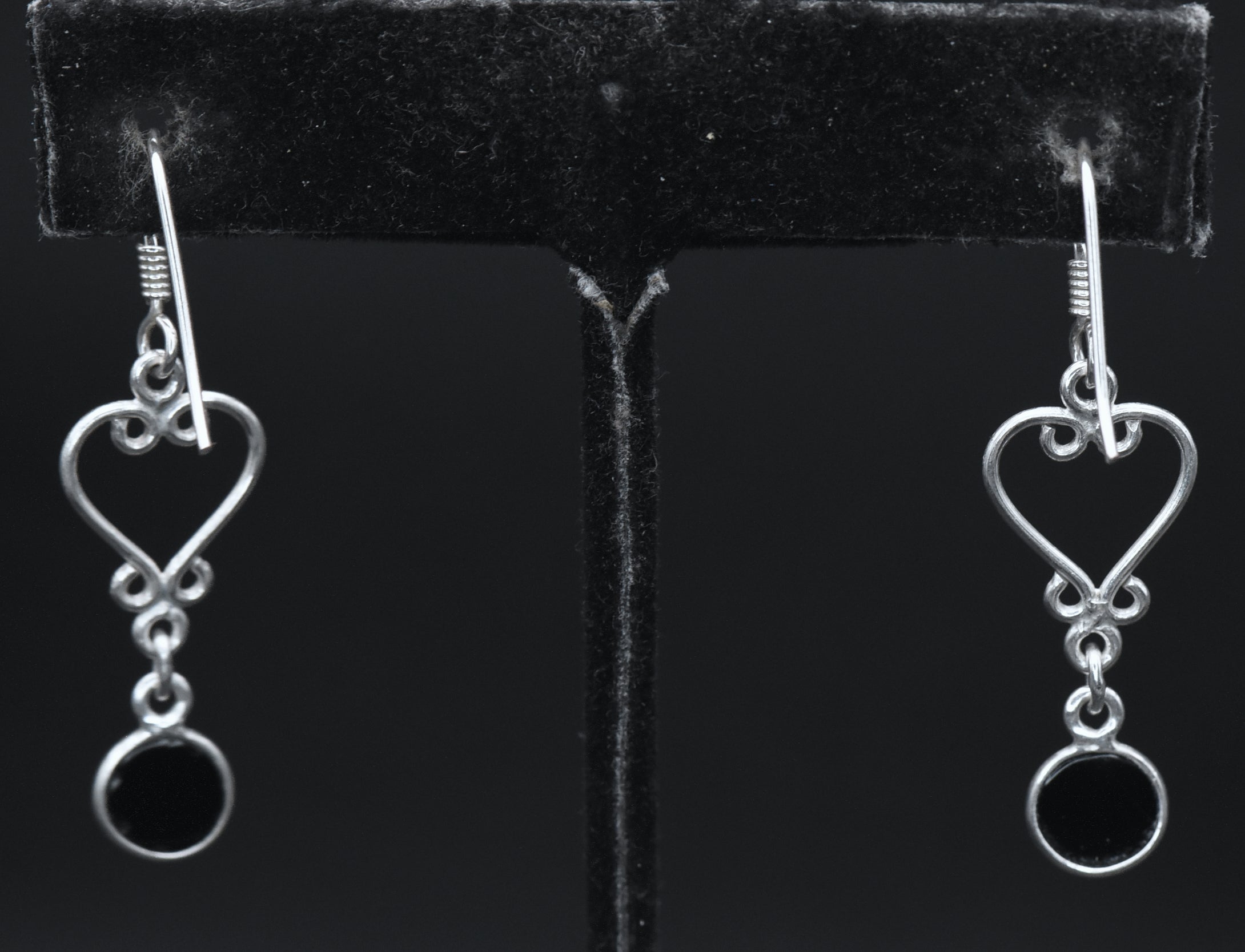 Vintage Sterling Silver Black Onyx Heart Dangle Earrings