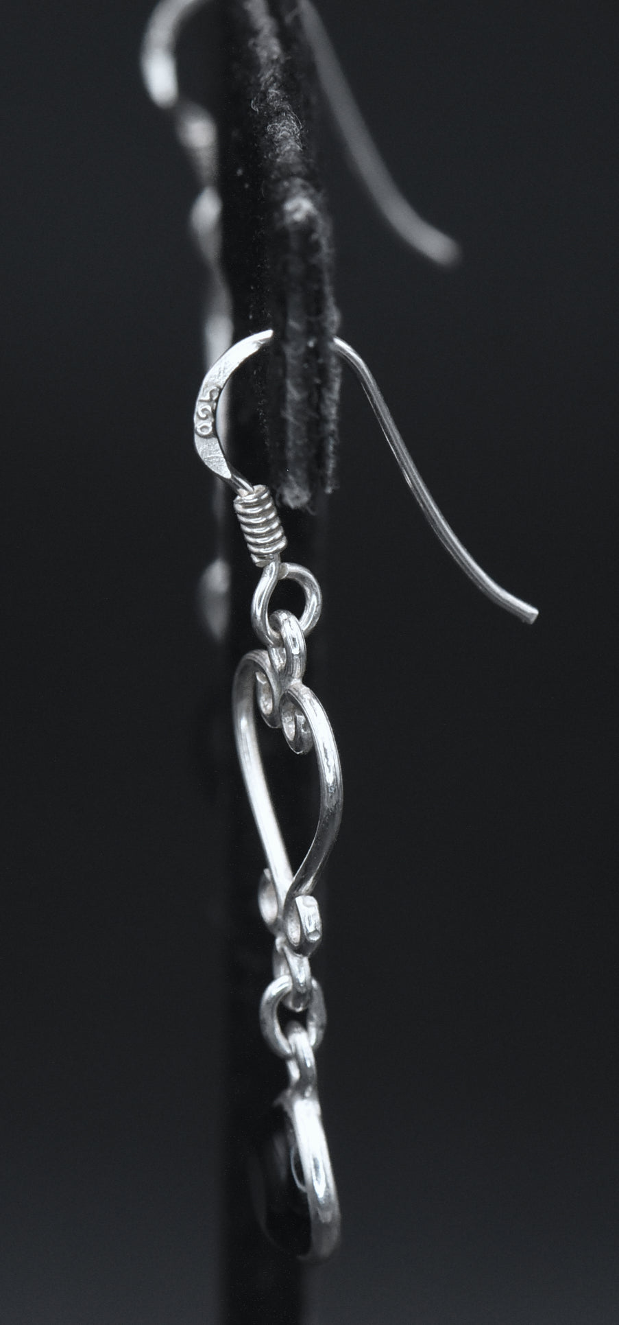 Vintage Sterling Silver Black Onyx Heart Dangle Earrings