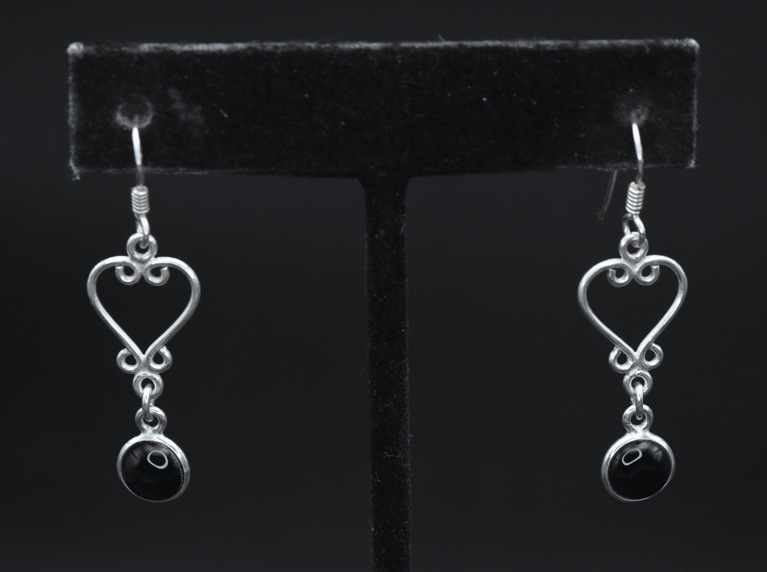 Vintage Sterling Silver Black Onyx Heart Dangle Earrings