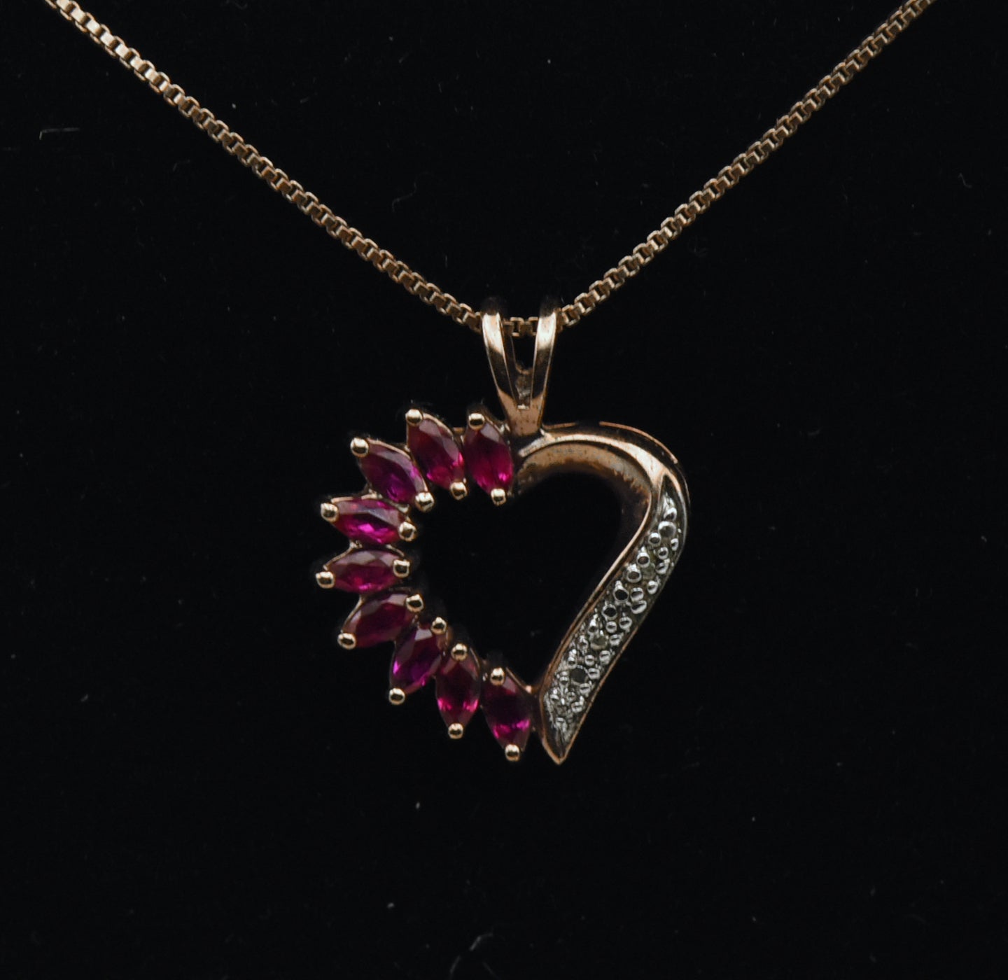 Vintage Synthetic Rubies and Diamond Gold Tone Sterling Silver Heart Pendant Chain Necklace - 18"