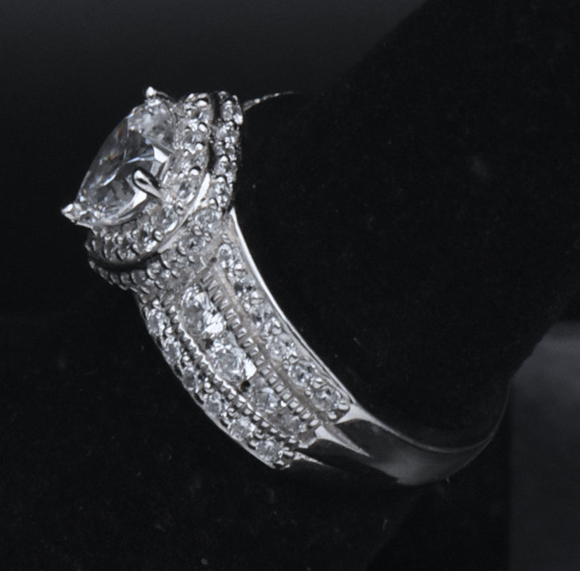 Sterling Silver Heart Cut Cubic Zirconia Halo Ring - Size 6