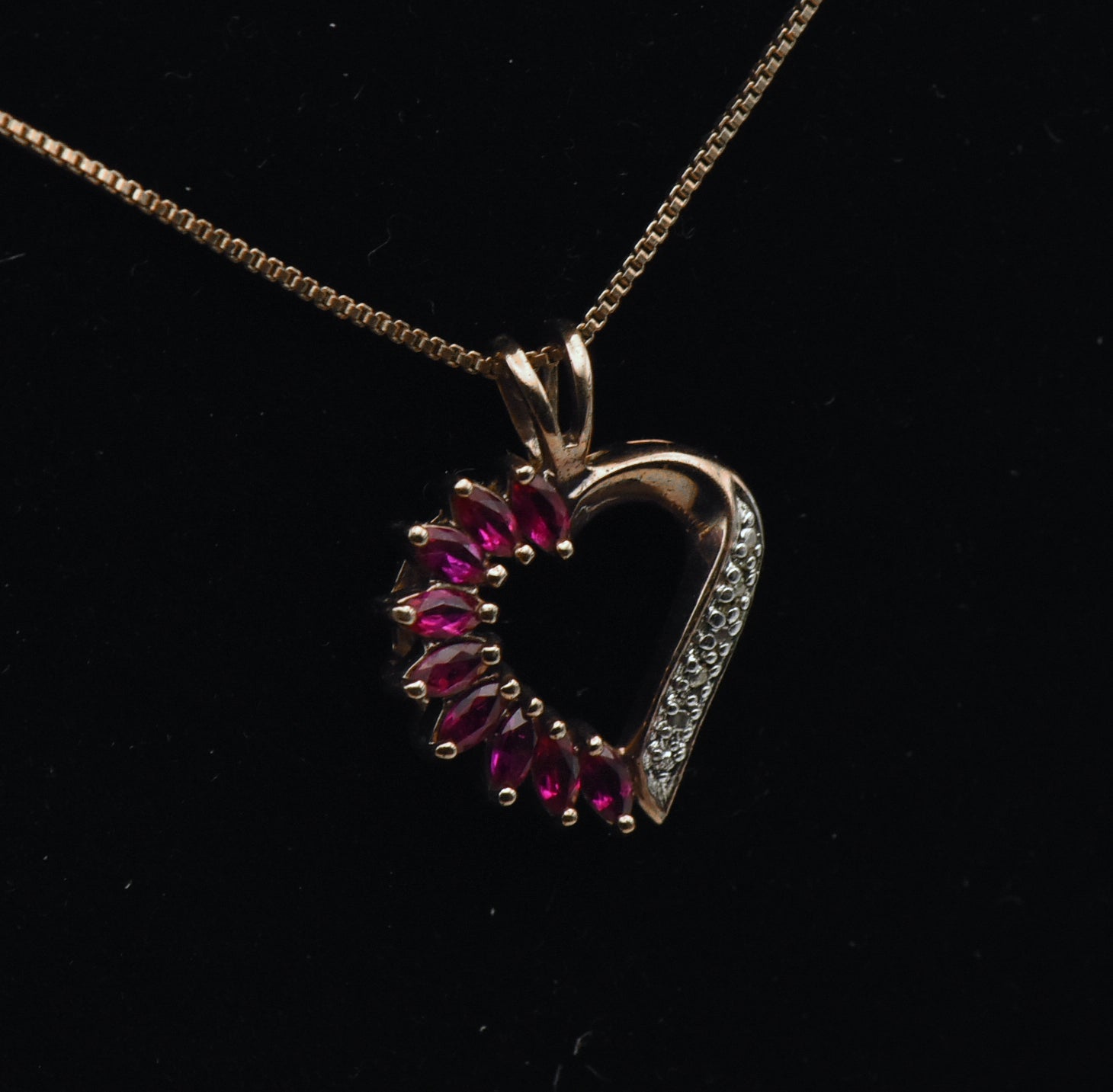 Vintage Synthetic Rubies and Diamond Gold Tone Sterling Silver Heart Pendant Chain Necklace - 18"