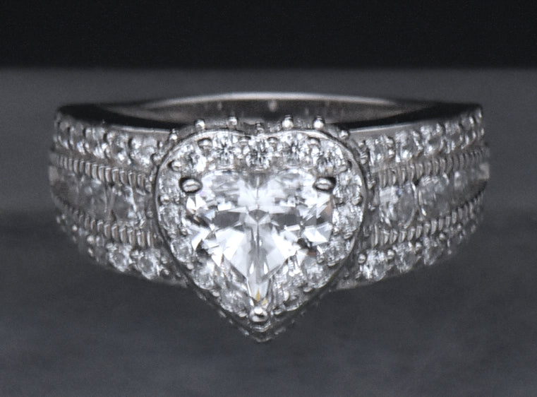 Sterling Silver Heart Cut Cubic Zirconia Halo Ring - Size 6