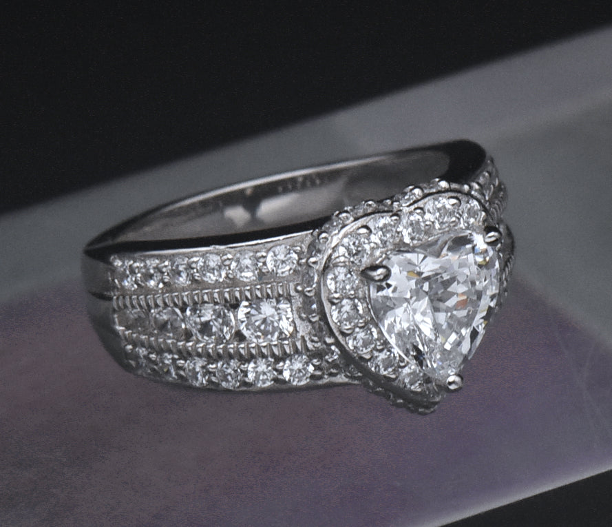 Sterling Silver Heart Cut Cubic Zirconia Halo Ring - Size 6