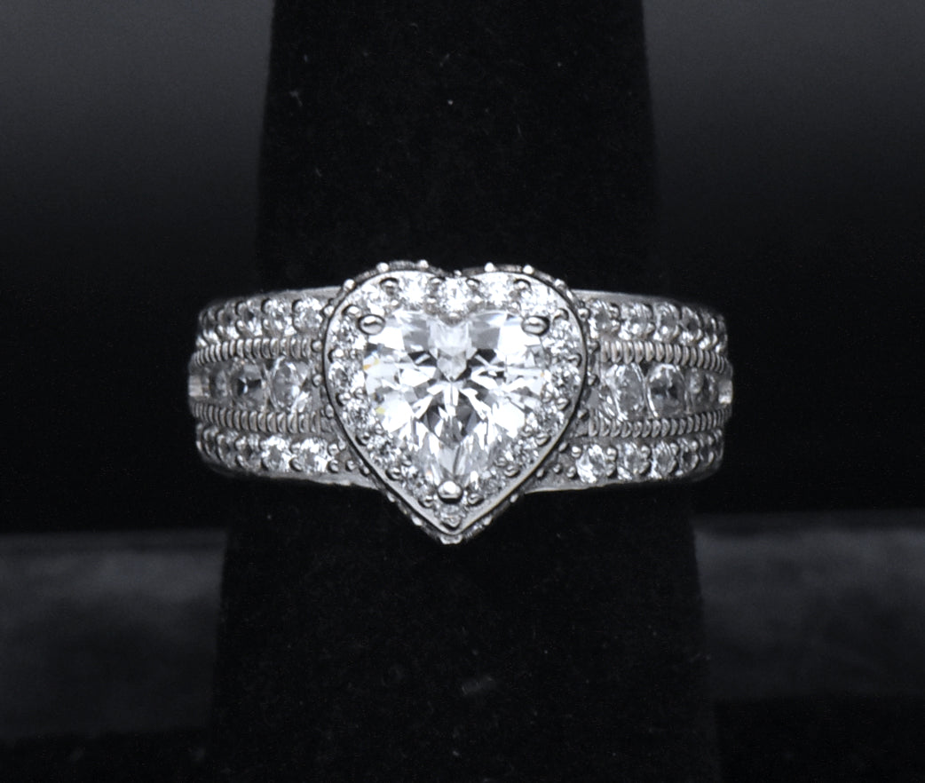 Sterling Silver Heart Cut Cubic Zirconia Halo Ring - Size 6