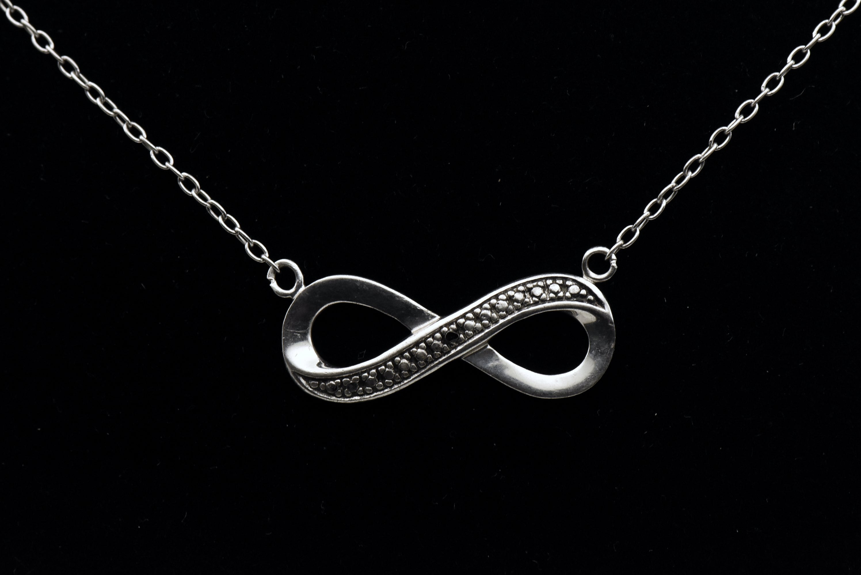 Vintage Black Diamond and Marcasite Sterling Silver Infinity Pendant Chain Necklace - 18.25"
