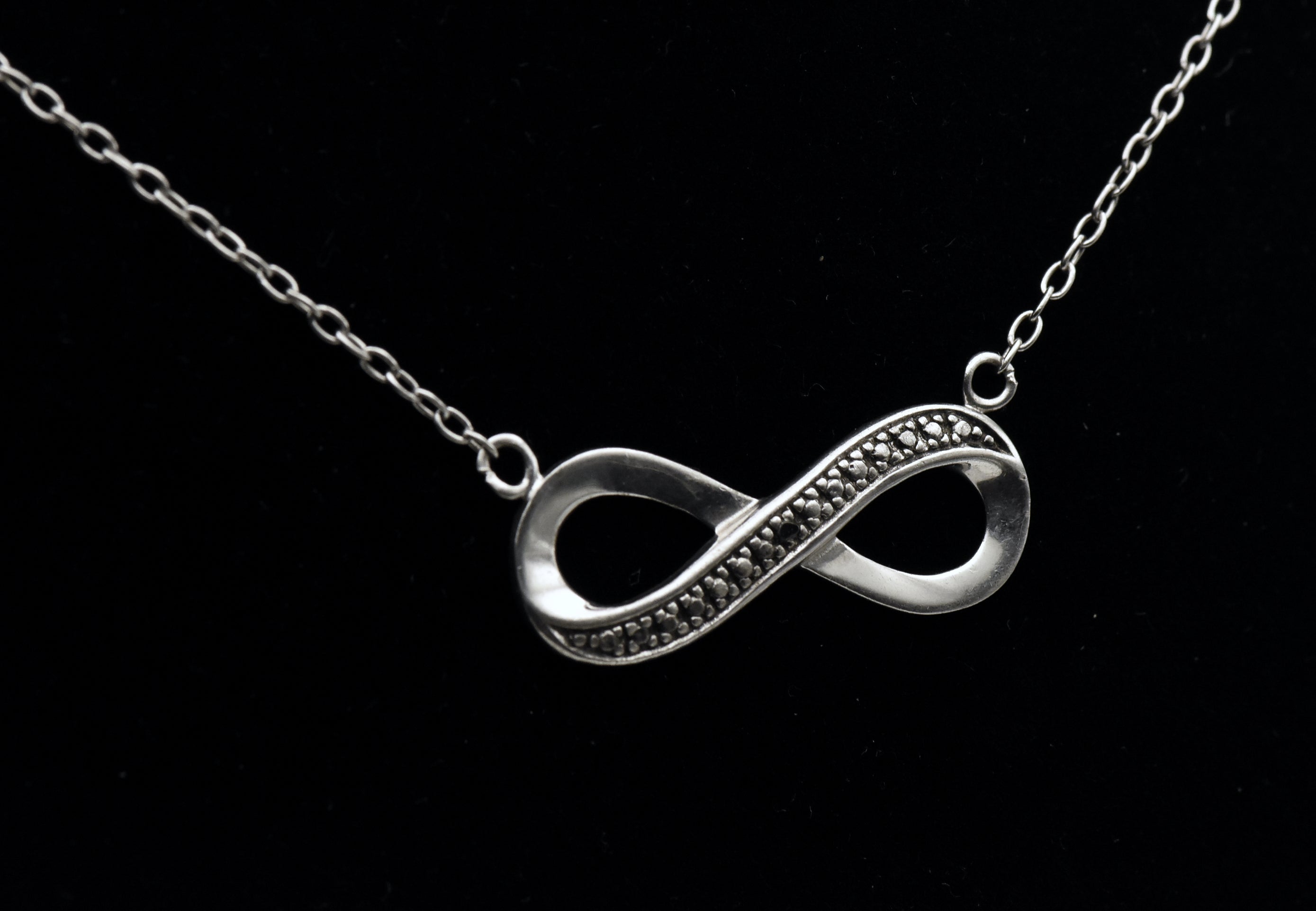 Vintage Black Diamond and Marcasite Sterling Silver Infinity Pendant Chain Necklace - 18.25"