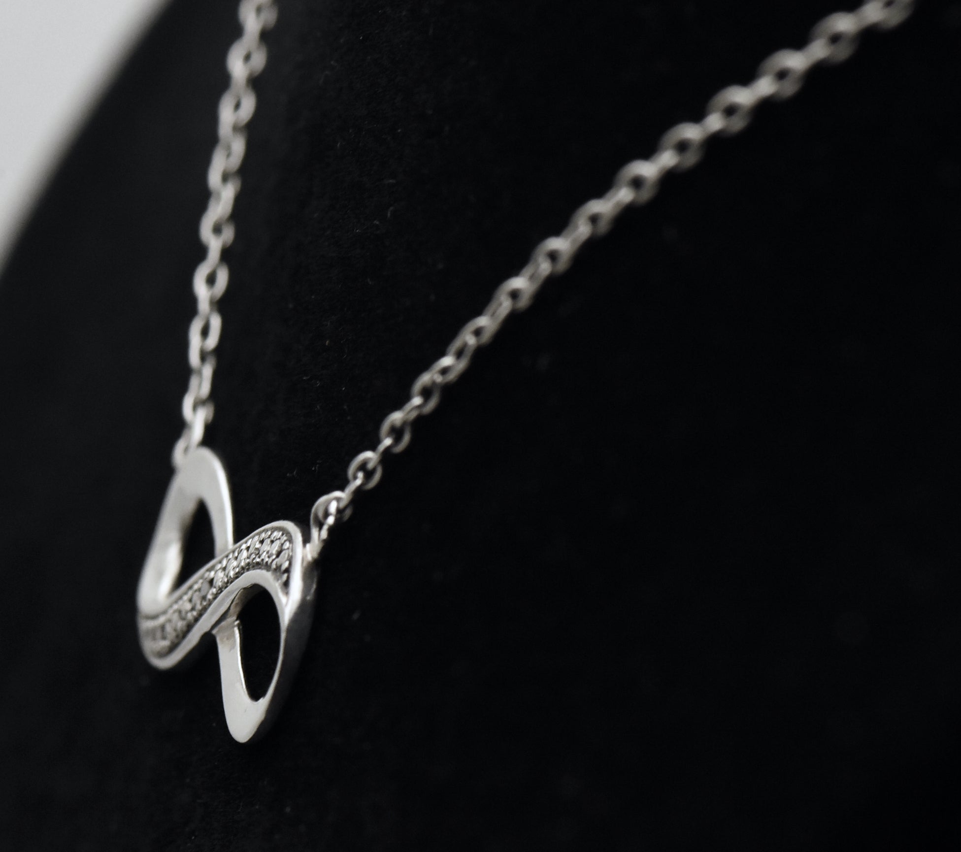 Vintage Black Diamond and Marcasite Sterling Silver Infinity Pendant Chain Necklace - 18.25"