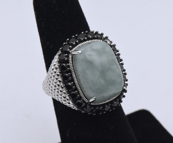 Vintage Sterling Silver Jade and Black Tourmaline Ring - Size 5