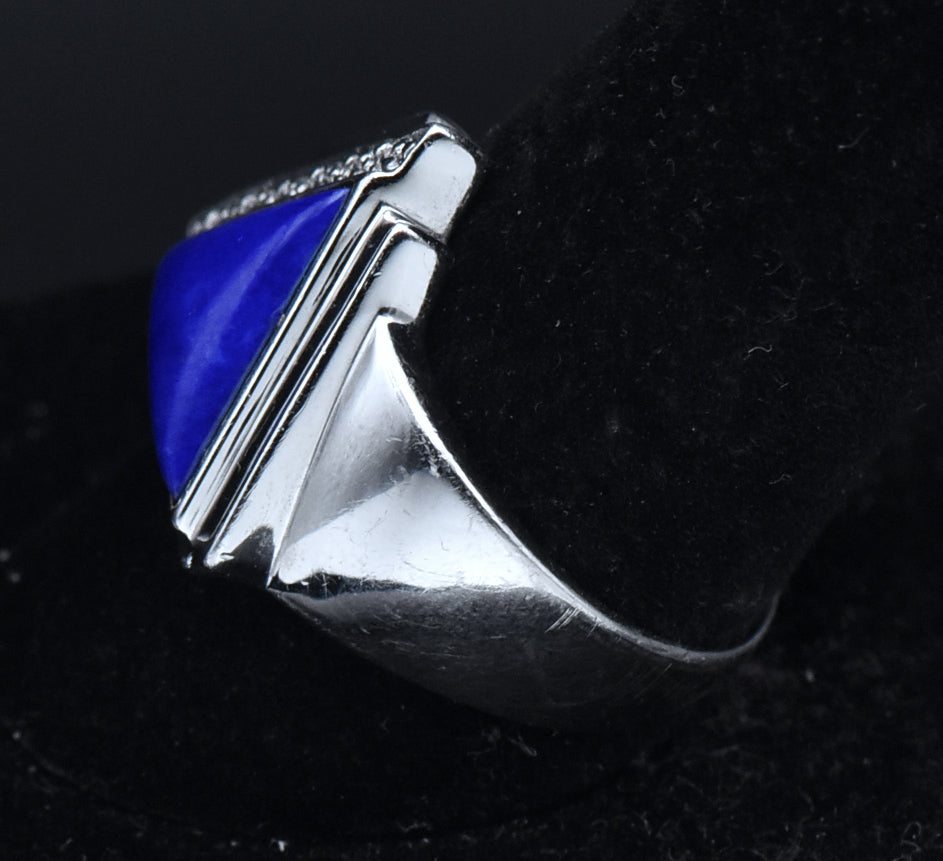 Vintage Lapis Lazuli and Diamonds Sterling Silver Ring - Size 10.25
