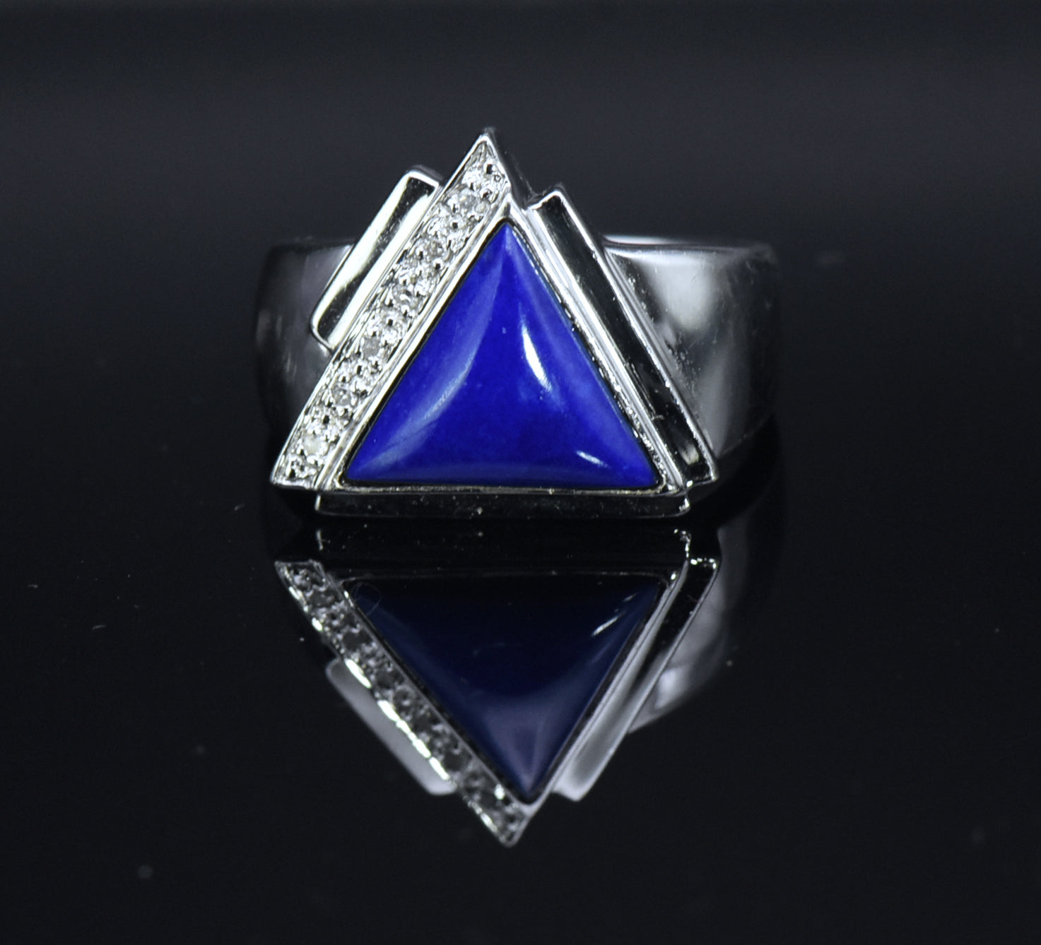 Vintage Lapis Lazuli and Diamonds Sterling Silver Ring - Size 10.25