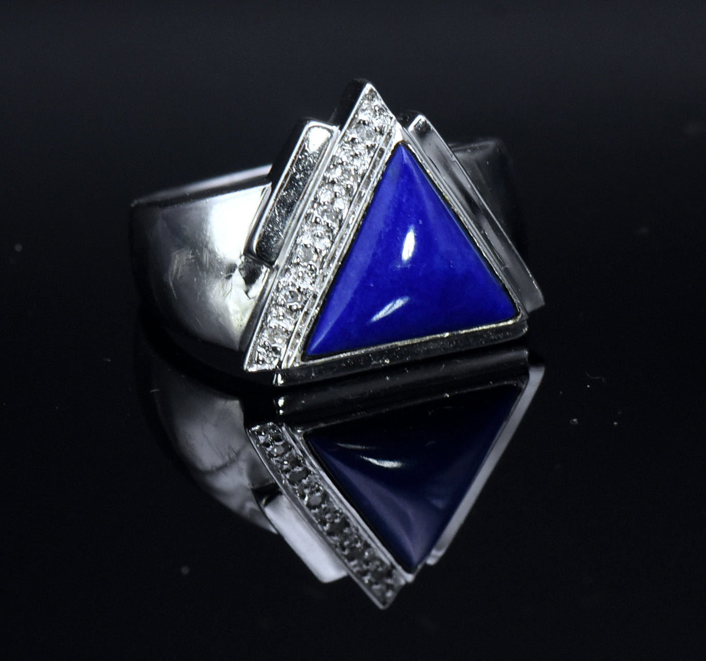 Vintage Lapis Lazuli and Diamonds Sterling Silver Ring - Size 10.25