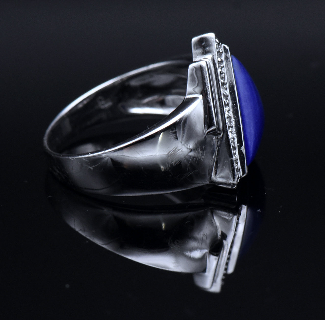 Vintage Lapis Lazuli and Diamonds Sterling Silver Ring - Size 10.25