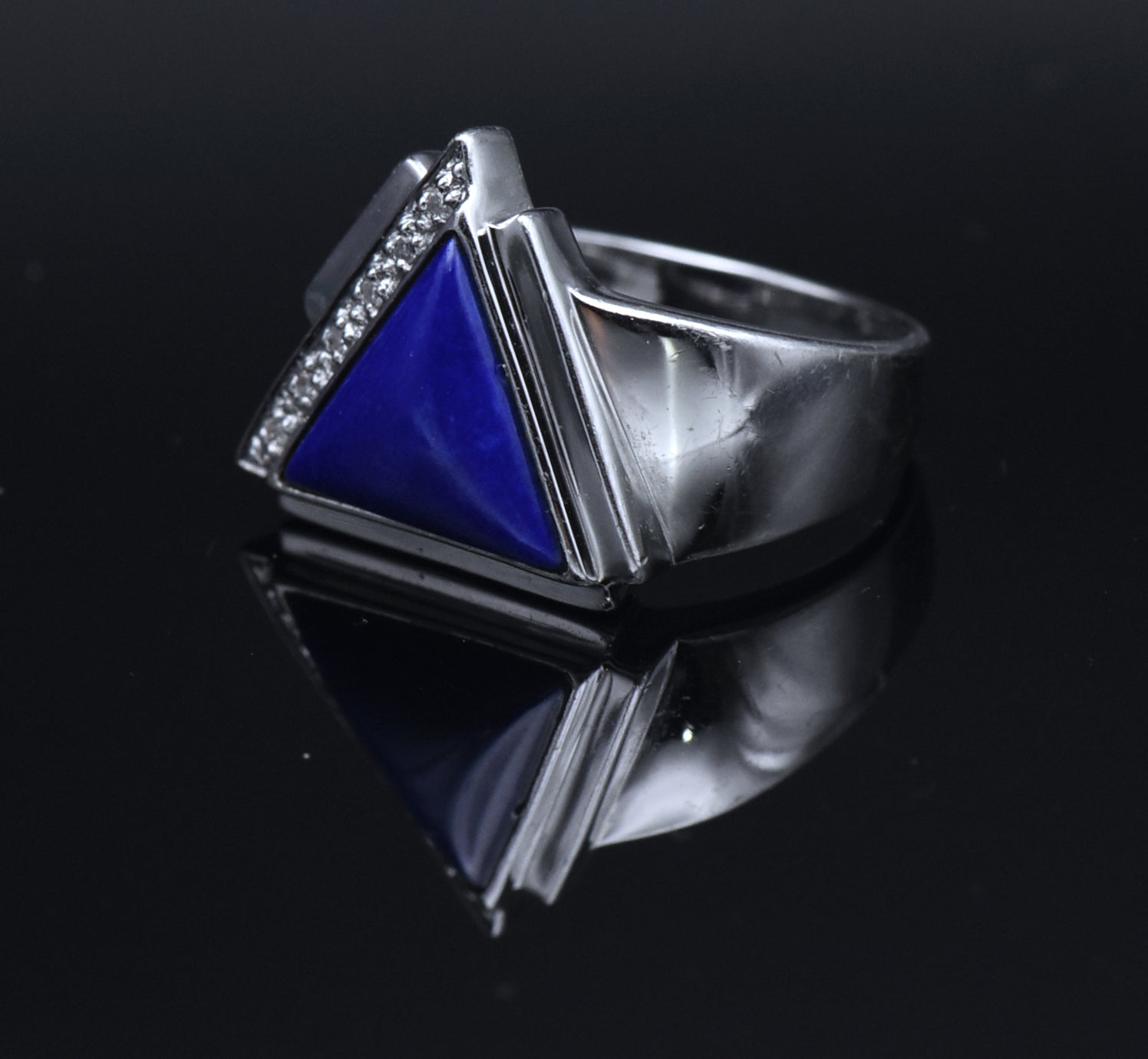 Vintage Lapis Lazuli and Diamonds Sterling Silver Ring - Size 10.25
