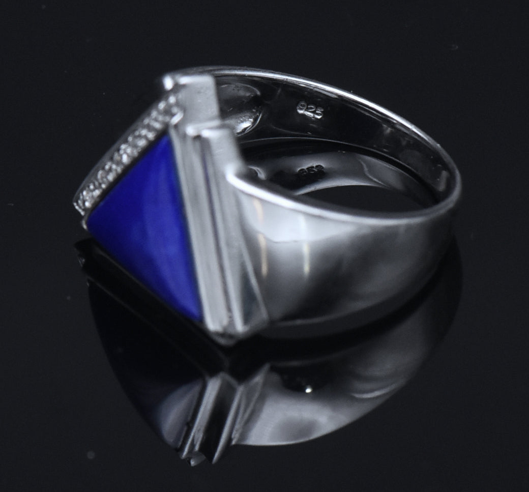 Vintage Lapis Lazuli and Diamonds Sterling Silver Ring - Size 10.25