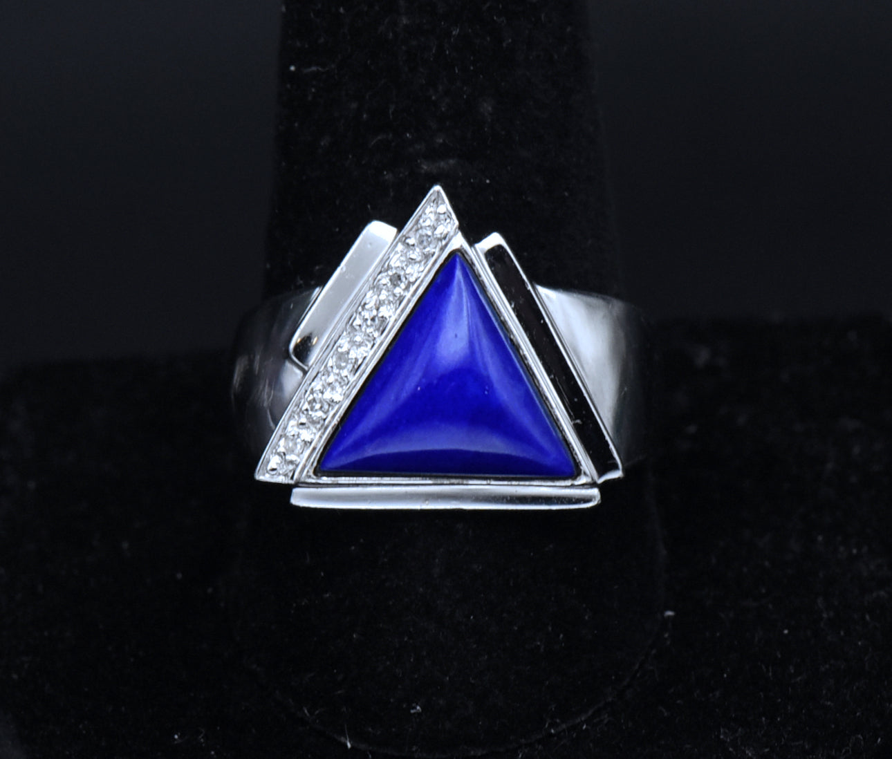 Vintage Lapis Lazuli and Diamonds Sterling Silver Ring - Size 10.25