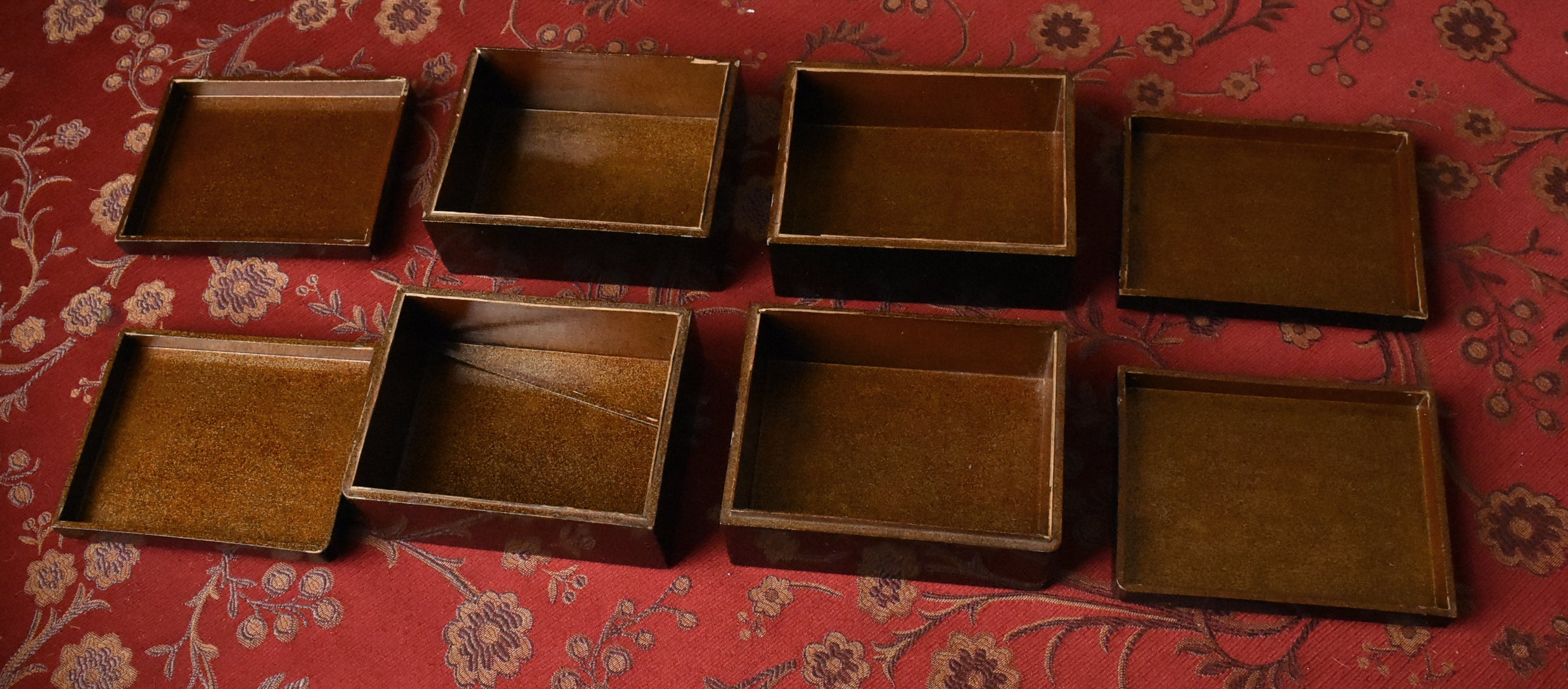 Antique Metal Inlaid Lacquer Wooden Box Set - AS IS