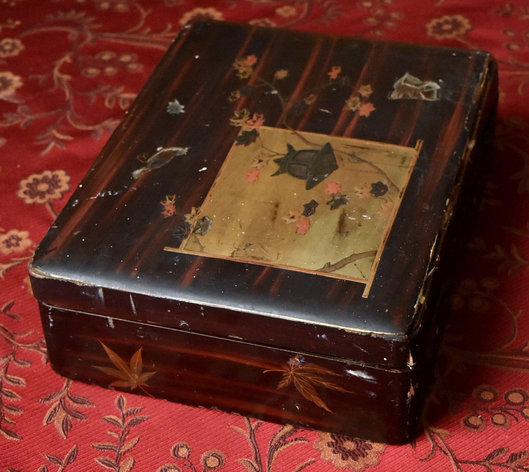 Antique Metal Inlaid Lacquer Wooden Box Set - AS IS