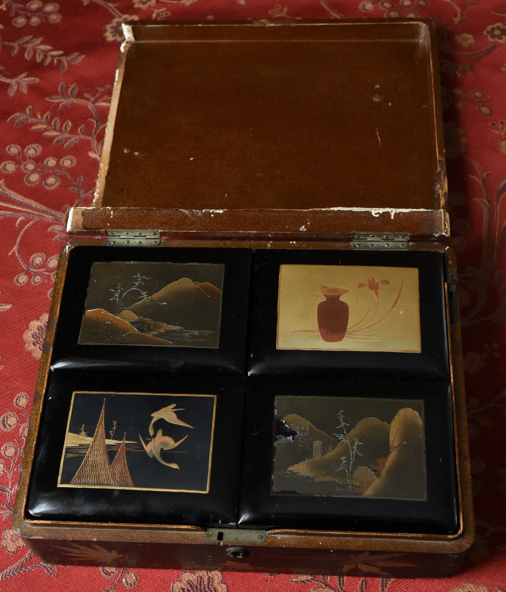 Antique Metal Inlaid Lacquer Wooden Box Set - AS IS