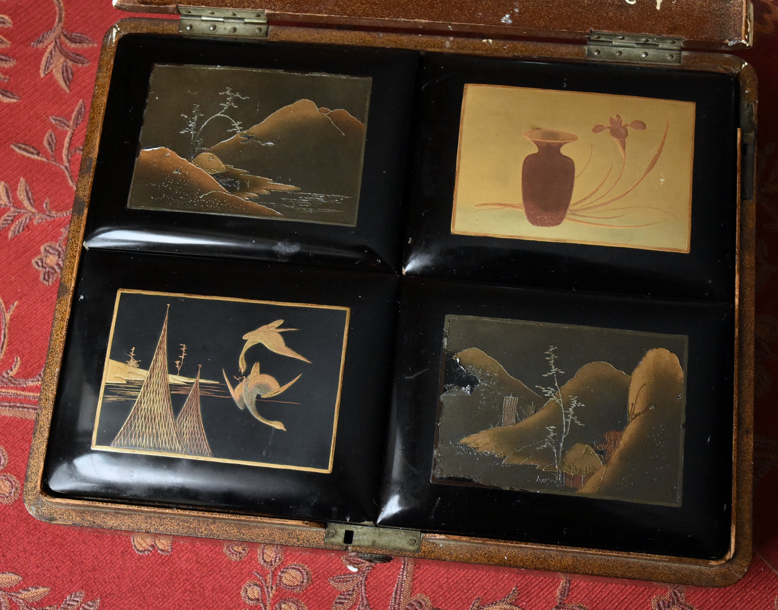 Antique Metal Inlaid Lacquer Wooden Box Set - AS IS