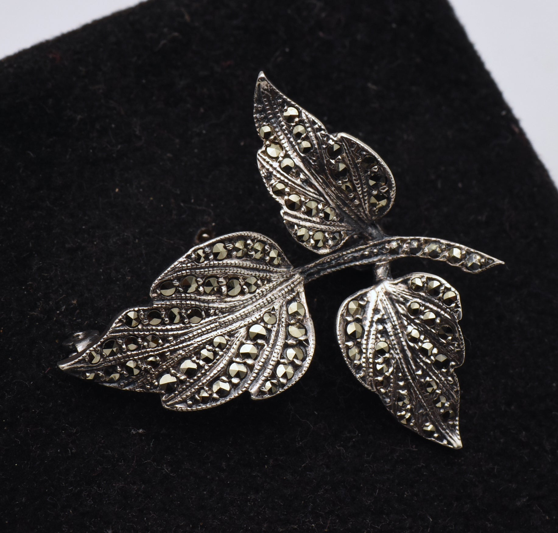 Vintage Sterling Silver and Marcasite Leaves Brooch