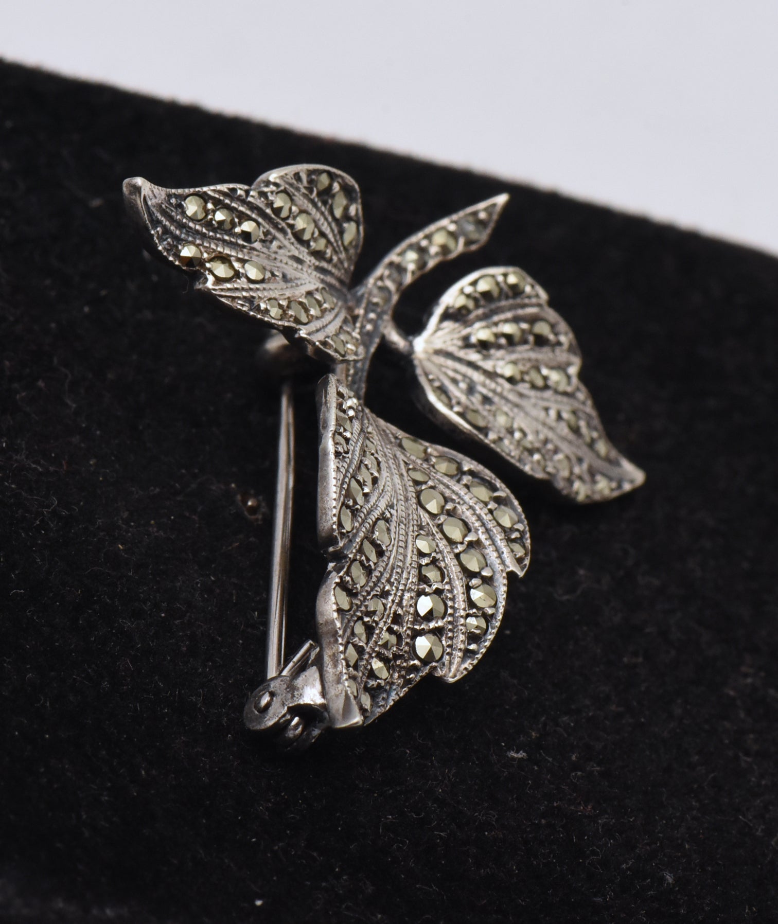 Vintage Sterling Silver and Marcasite Leaves Brooch