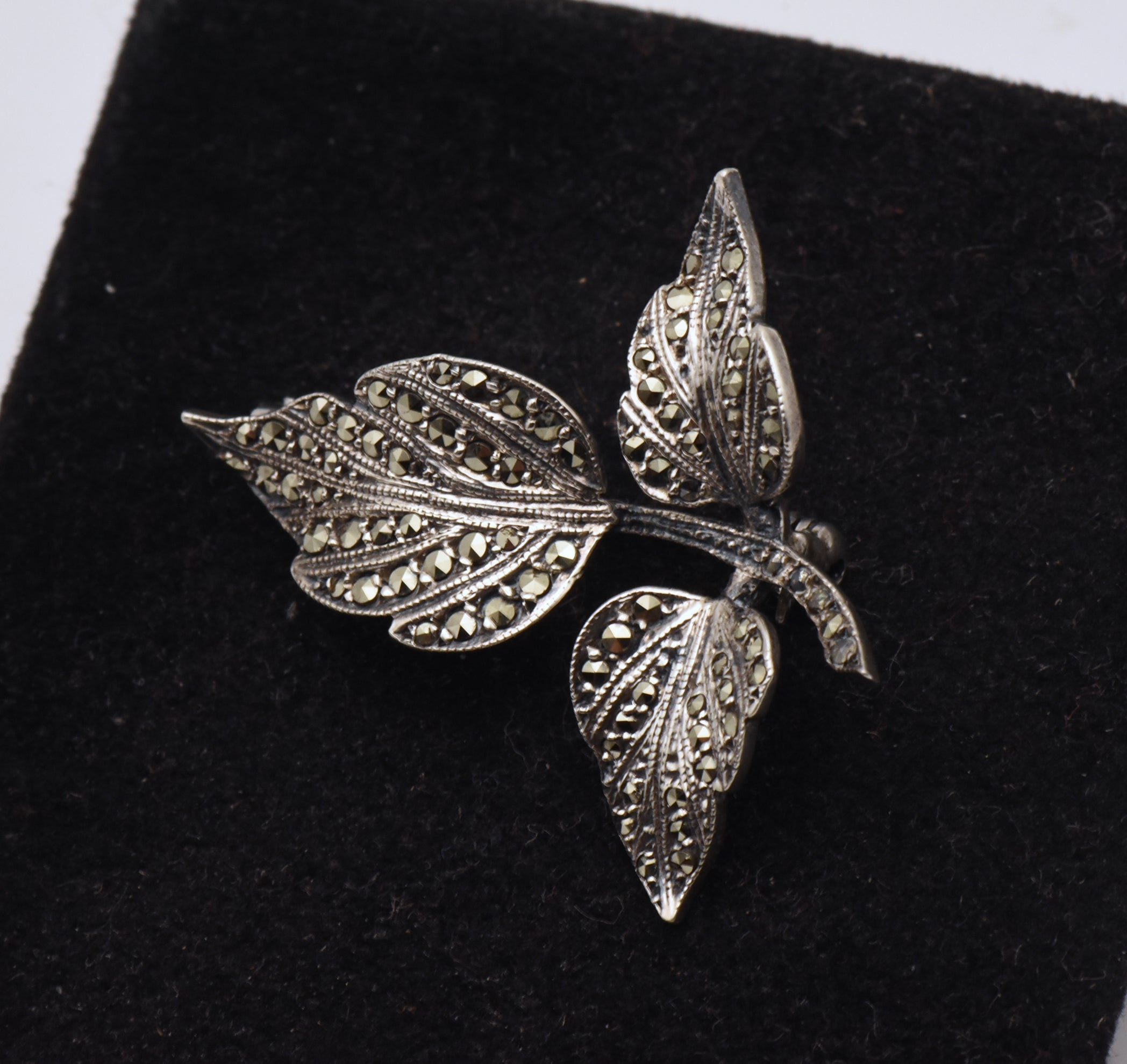 Vintage Sterling Silver and Marcasite Leaves Brooch