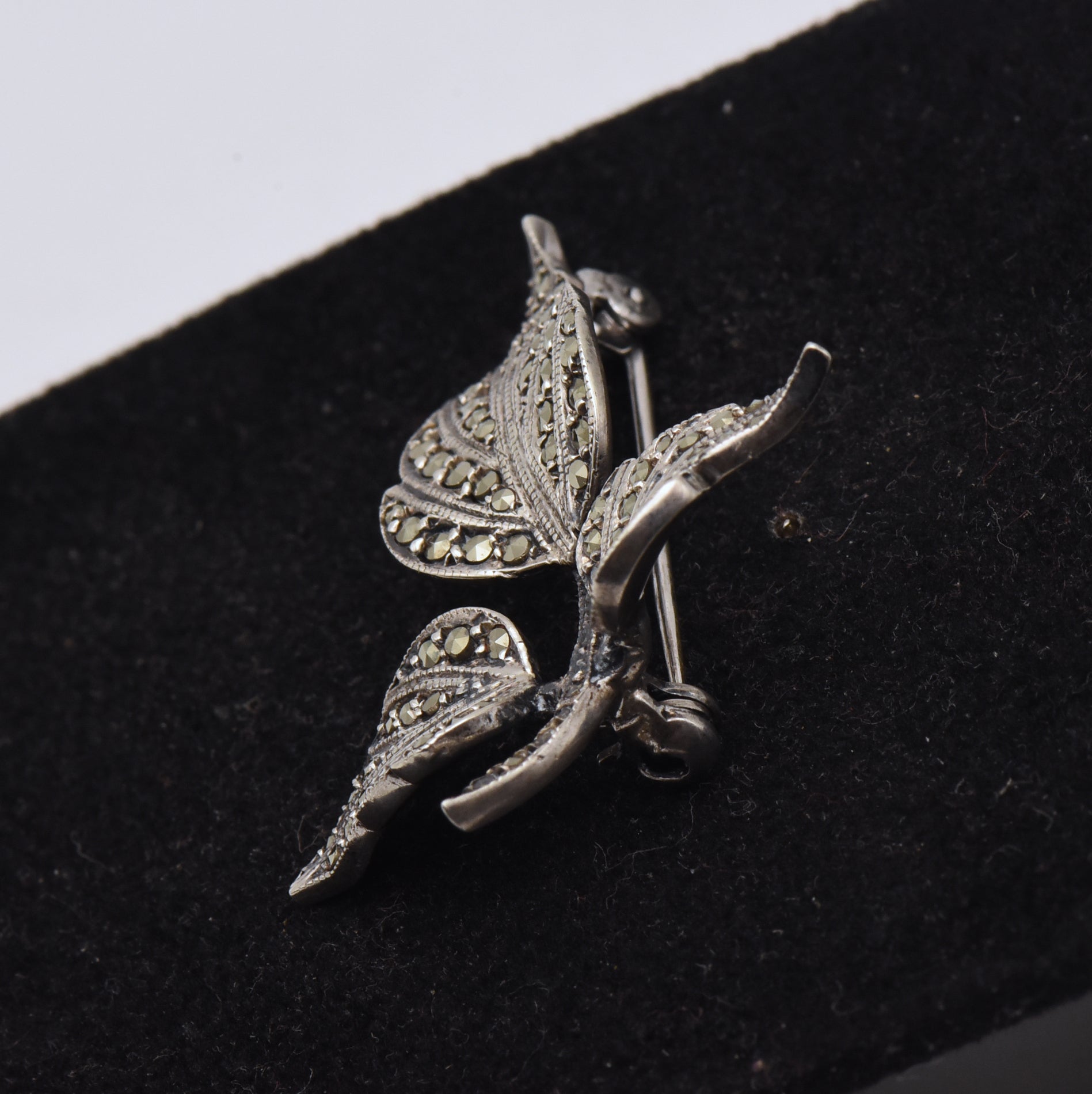 Vintage Sterling Silver and Marcasite Leaves Brooch