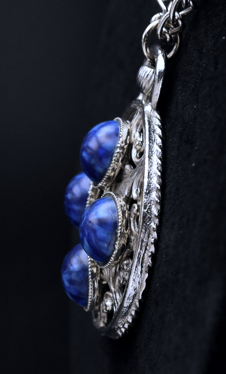 Vintage Faux Lapis Lazuli Silver Tone Pendant Chain Necklace - 20.5"