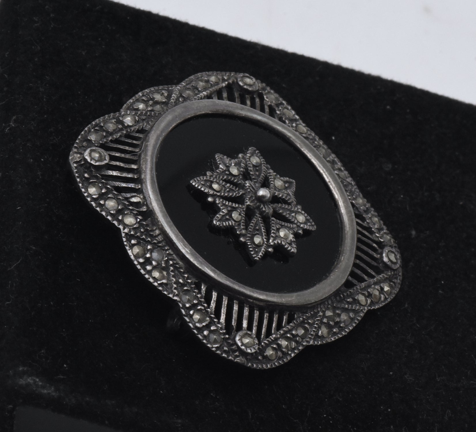 Vintage Sterling Silver Black Onyx and Marcasite Brooch