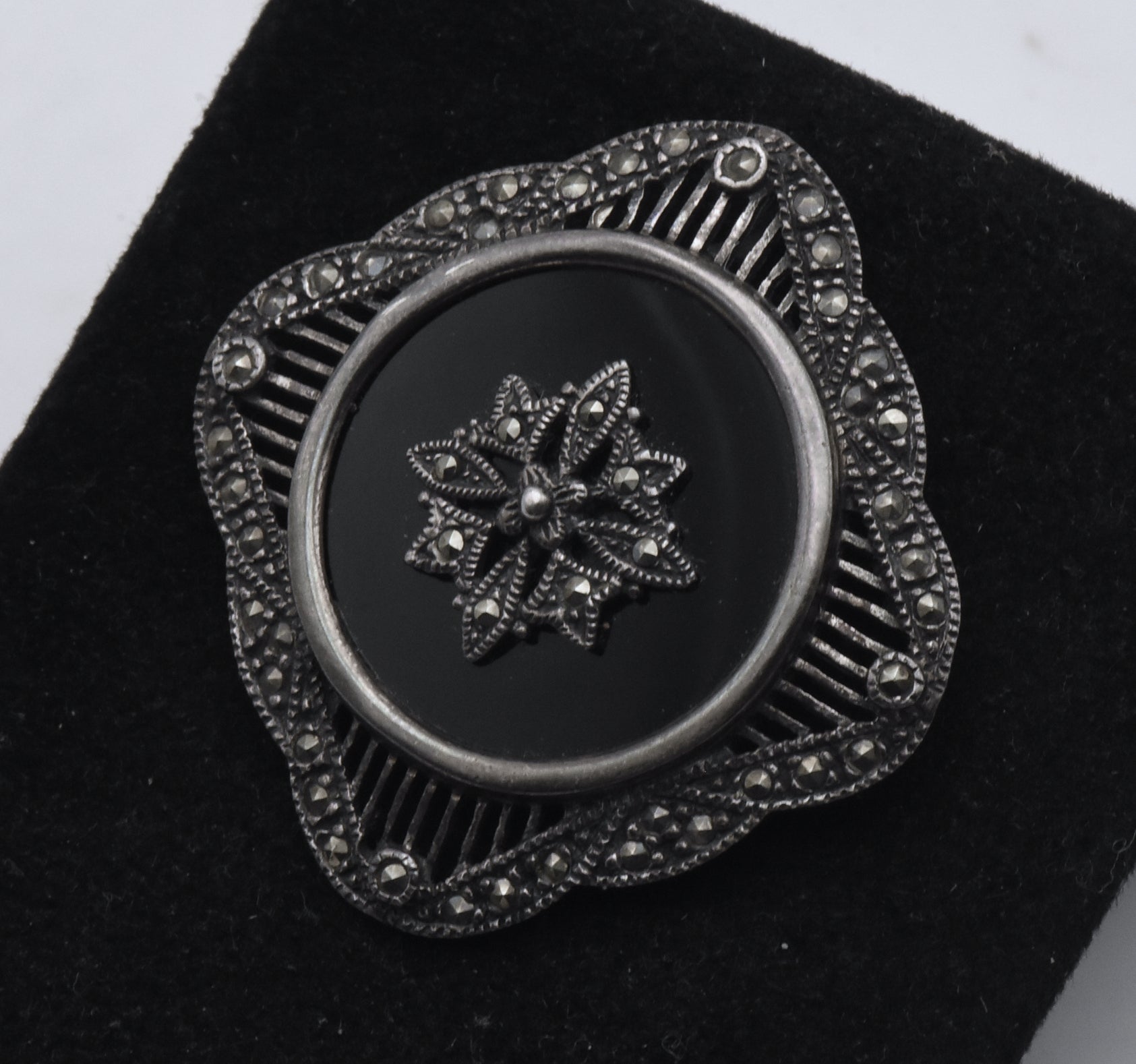 Vintage Sterling Silver Black Onyx and Marcasite Brooch
