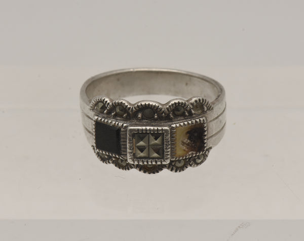 Vintage Art Deco Sterling Silver Black Onyx and Marcasite Ring - Size 8.5 - MISSING STONE
