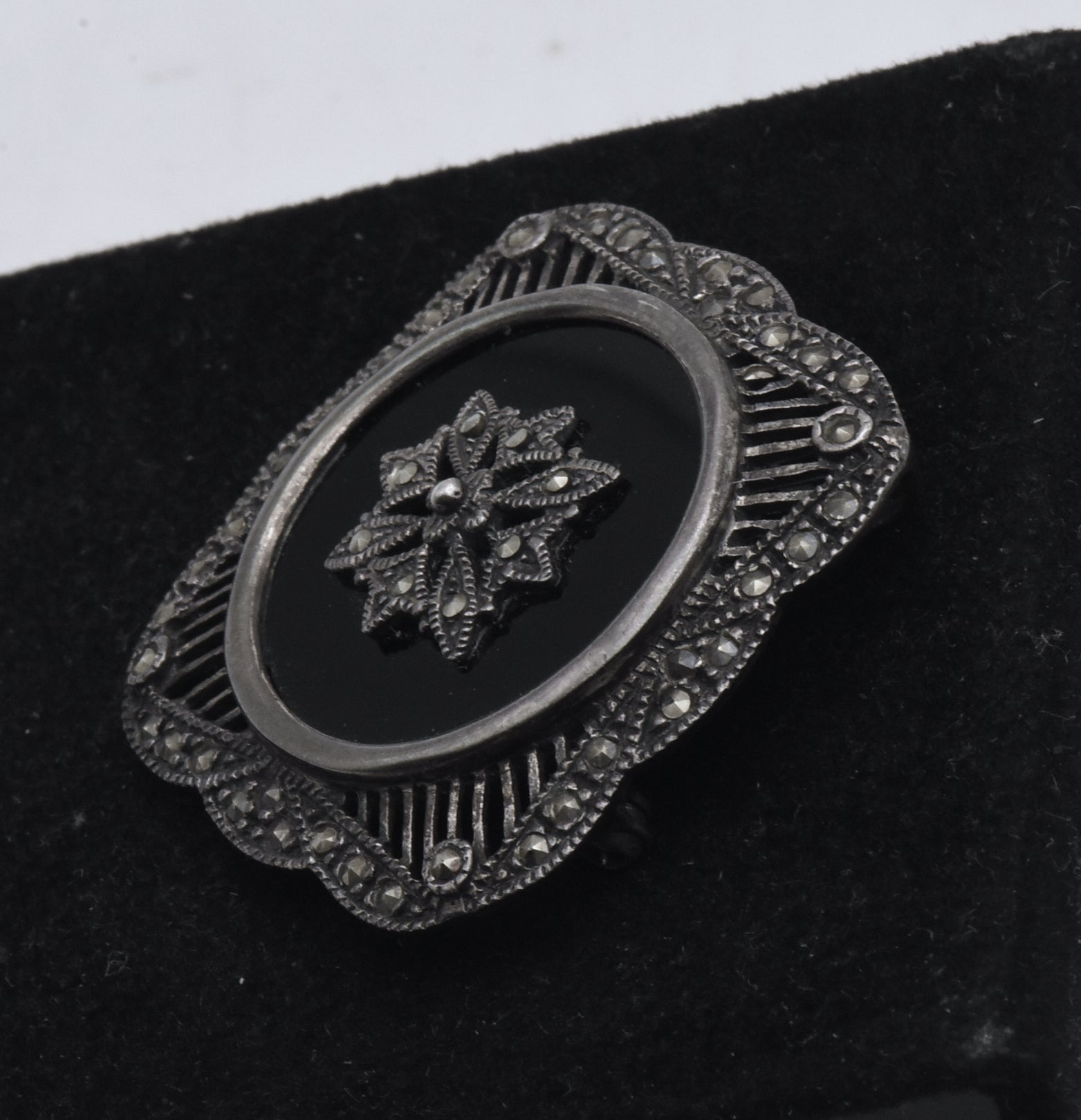 Vintage Sterling Silver Black Onyx and Marcasite Brooch