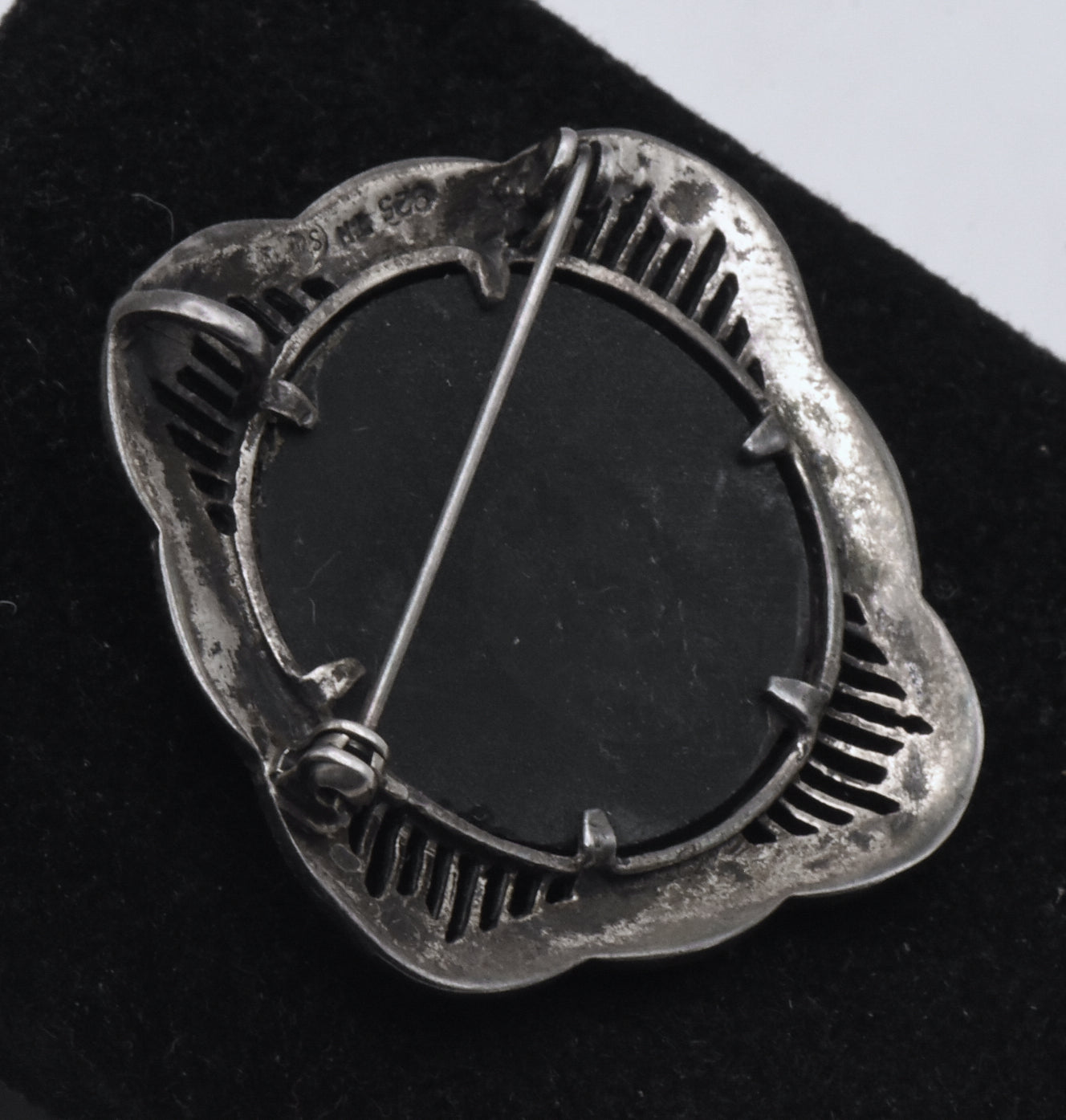 Vintage Sterling Silver Black Onyx and Marcasite Brooch