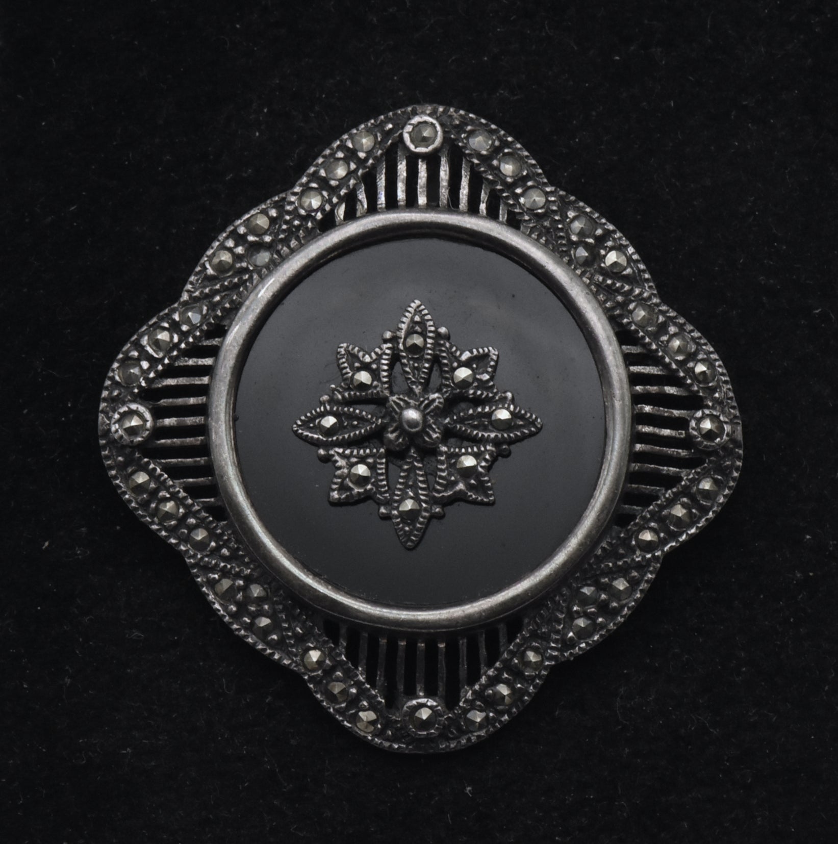 Vintage Sterling Silver Black Onyx and Marcasite Brooch