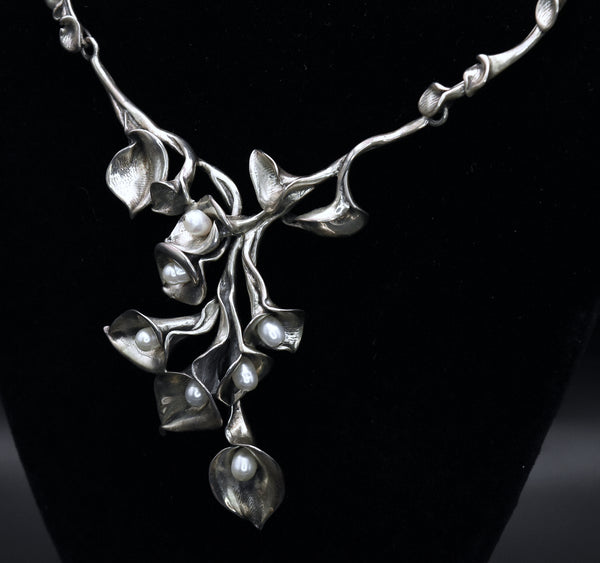 Stunning Vintage Sterling Silver and Pearl Calla Lily Necklace and Earrings Set