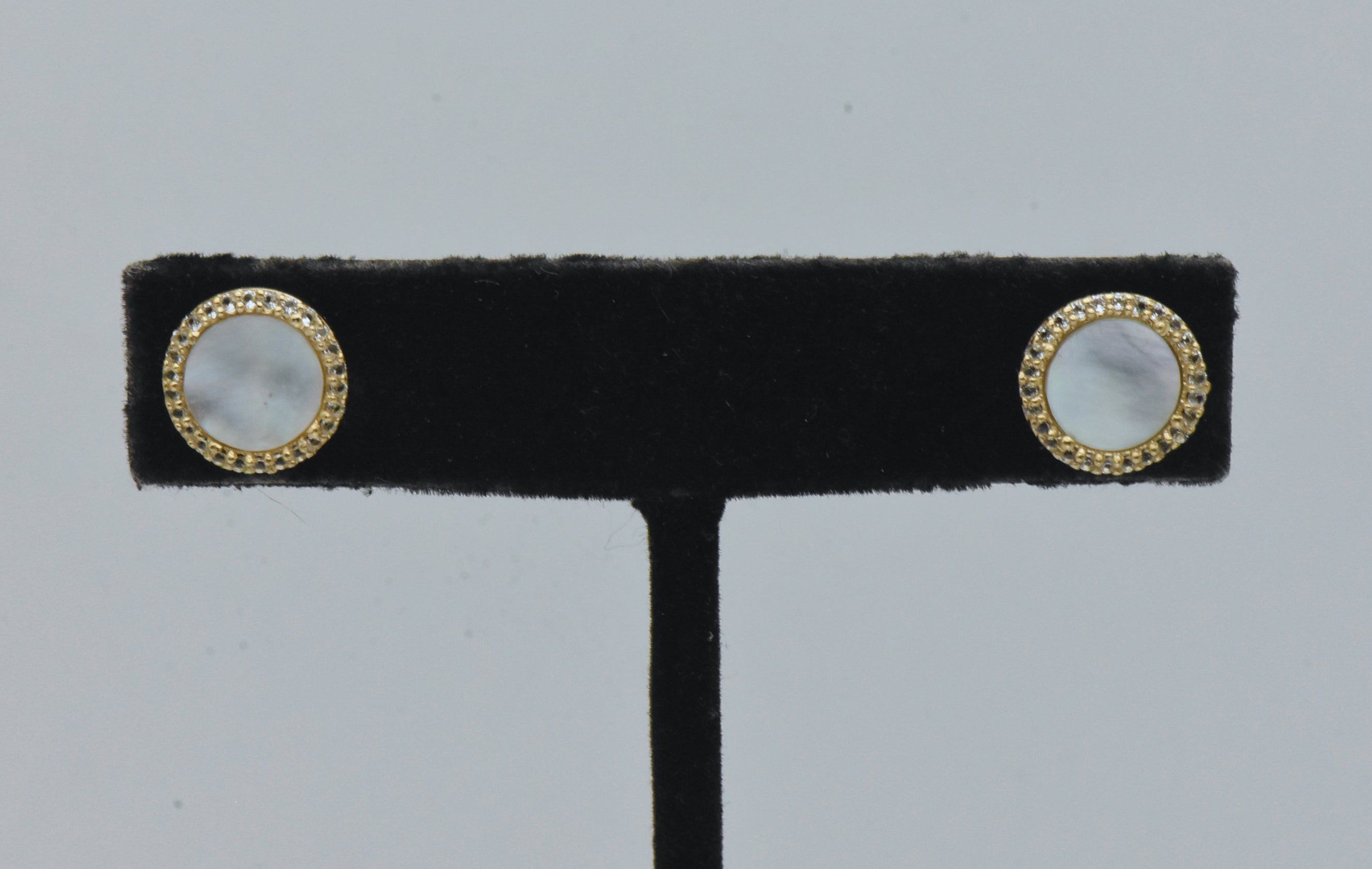Gold Tone Sterling Silver Mother of Pearl and Topaz Stud Earrings
