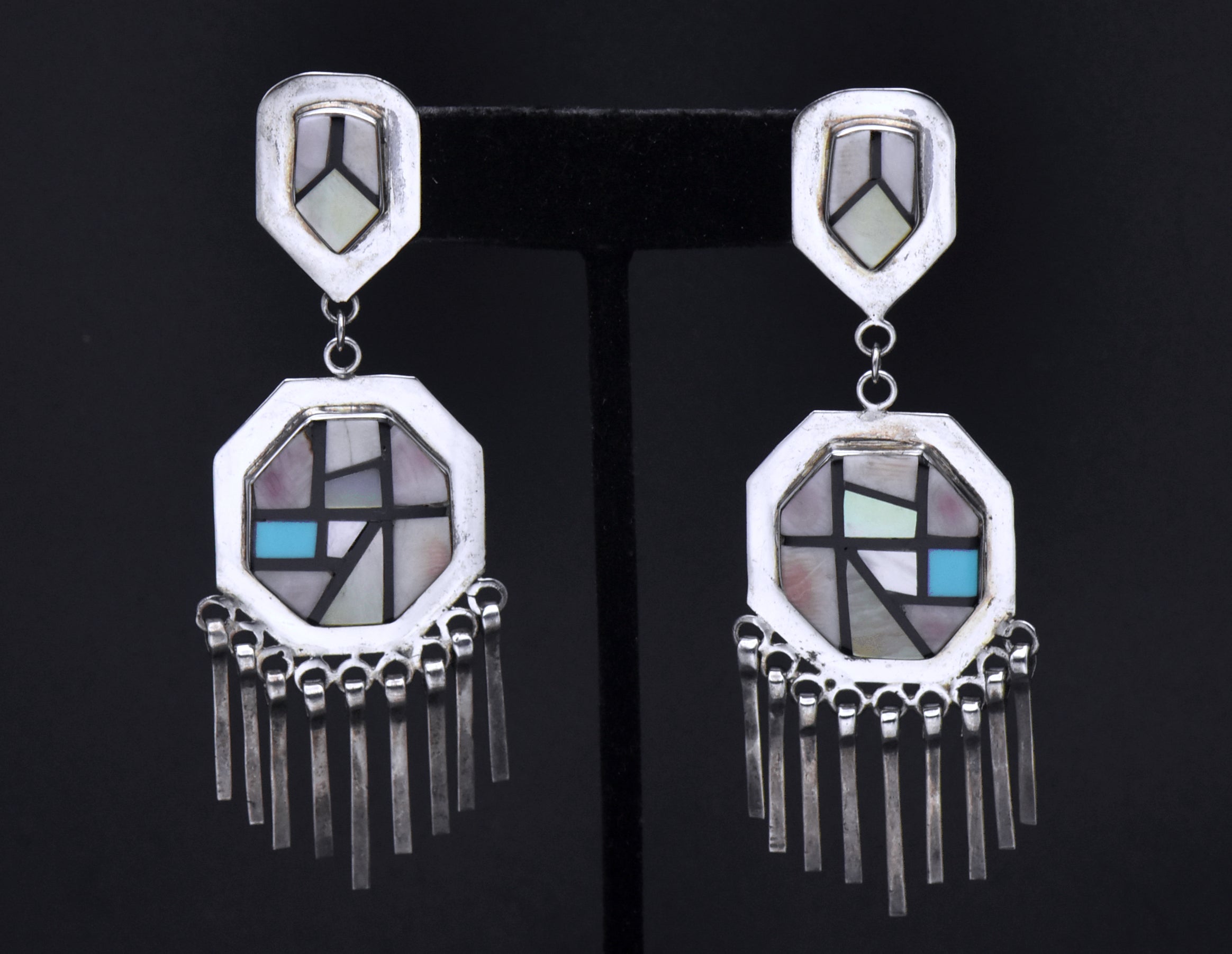 Vintage Handmade Sterling Silver Inlaid Dangle Earrings