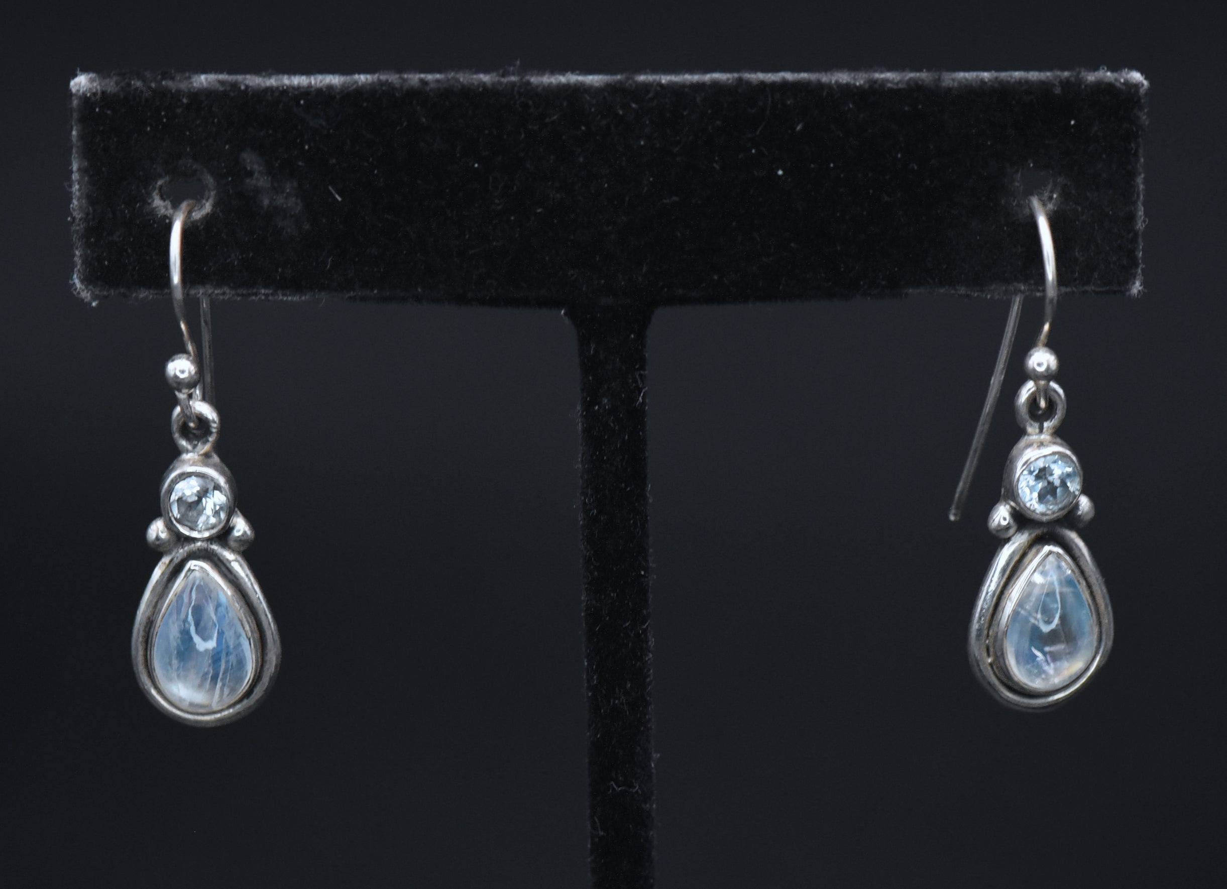 Vintage Rainbow Moonstone and Topaz Sterling Silver Dangle Earrings