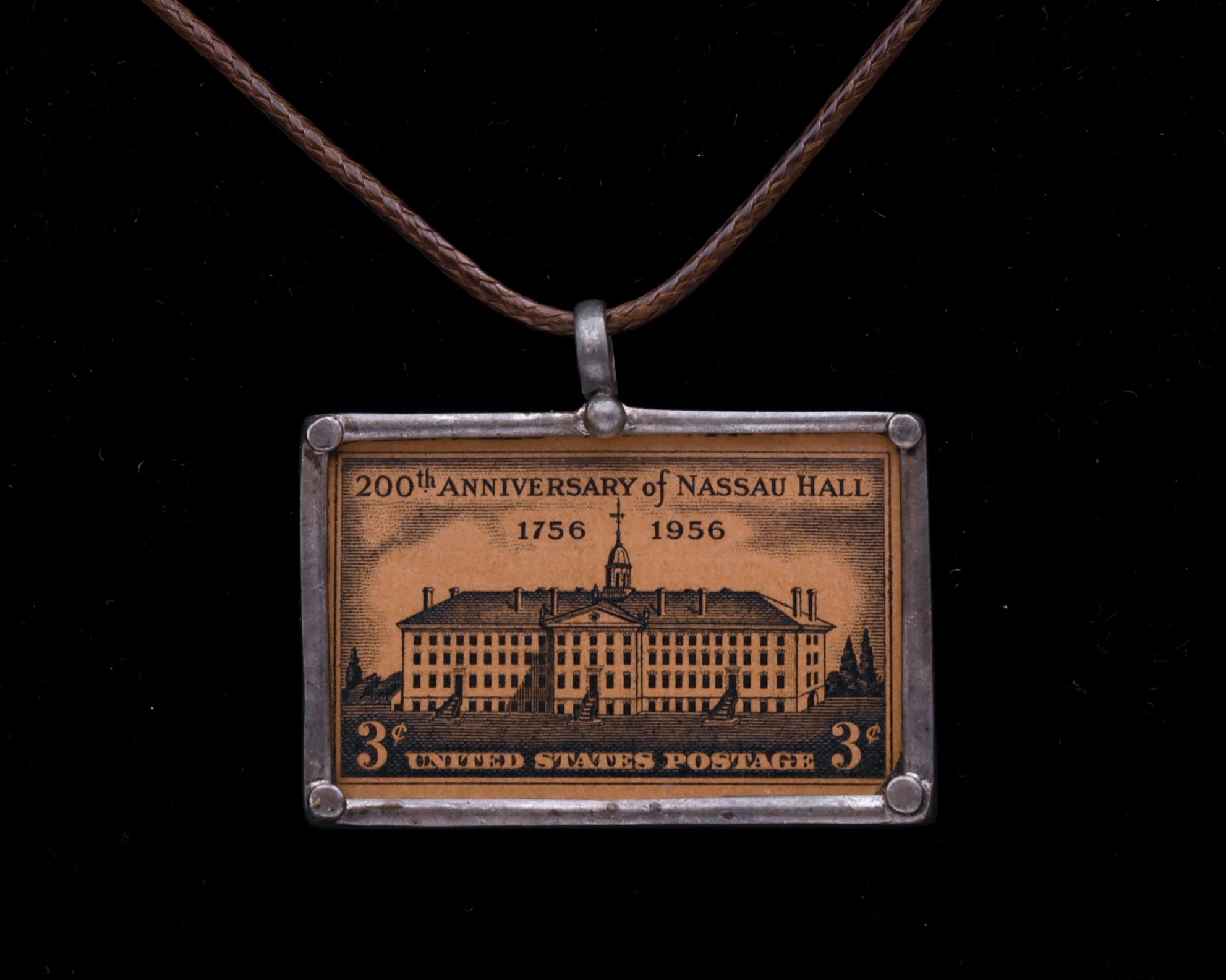 Vintage 200th Anniversary of Nassau Hall Stamp Sterling Silver Pendant Necklace