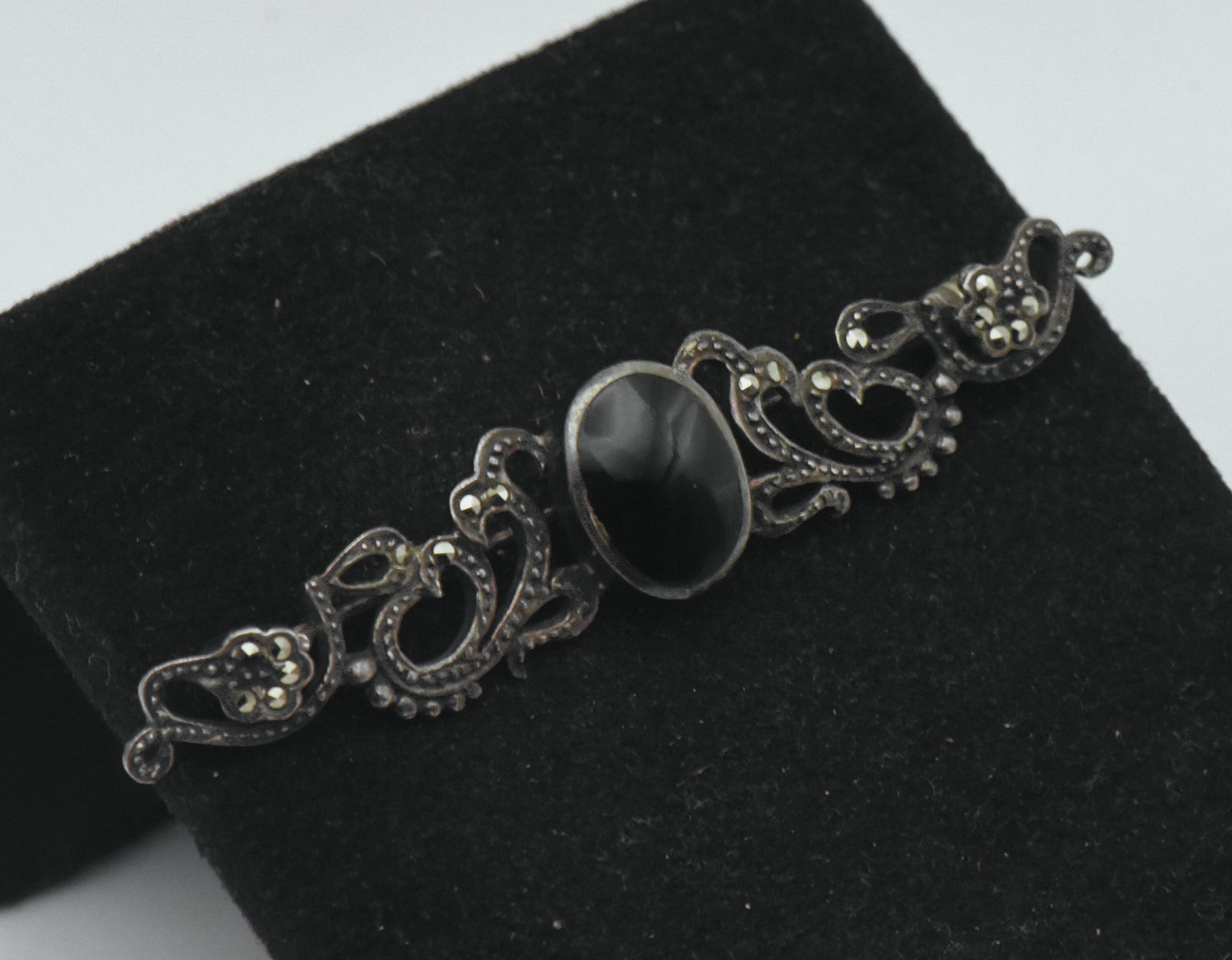 Vintage Sterling Silver Black Onyx and Marcasite Brooch