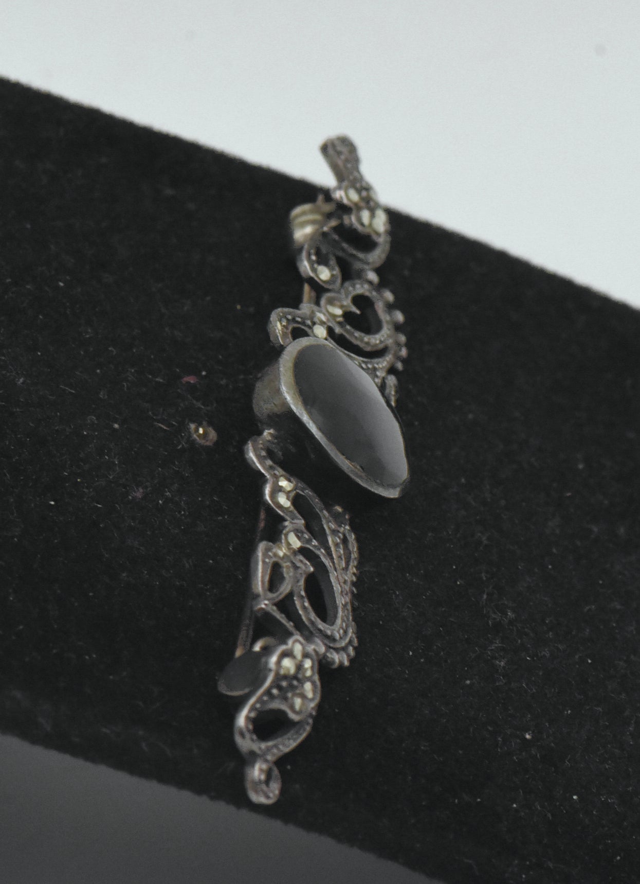 Vintage Sterling Silver Black Onyx and Marcasite Brooch